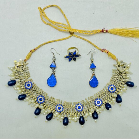 Silver Kuchi Jewelry Set With Blue Glass Stones, Vintage Boho Kuchi Handmade Tri - Picture 12 of 15